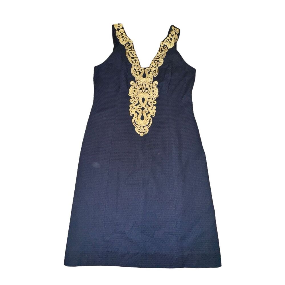 Lilly Pulitzer Suzette Shift Dress True Navy Gold Trim Detail V Neck Size 2